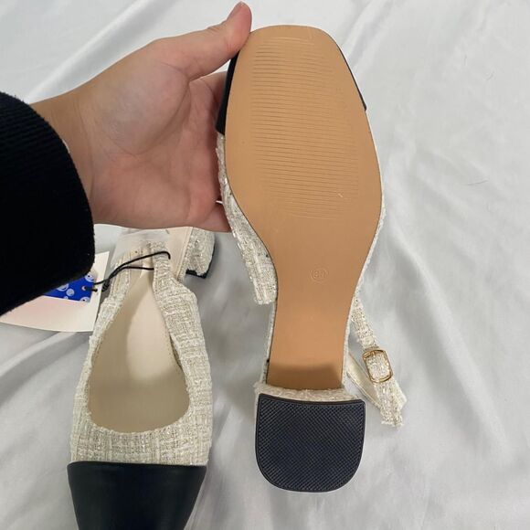 Cider Coquette Cream White Black Color Block Mary Jane Sling Back Heels 7.5 - Picture 6 of 8